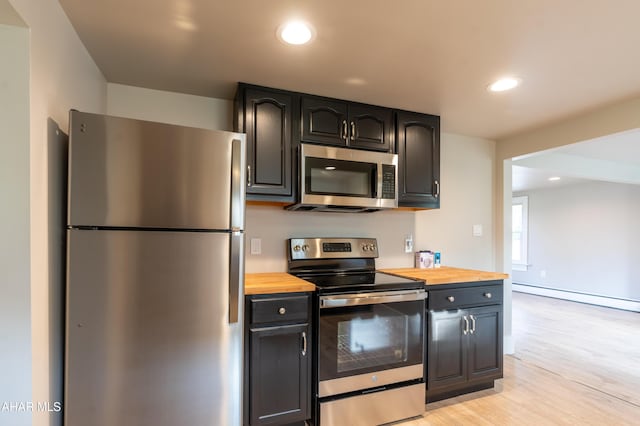 kitchen featuring baseboard heating, appliances with stainless steel finishes, butcher block counters, and light wood-type flooring