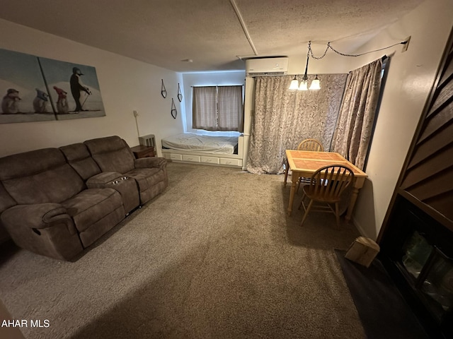 living room featuring an inviting chandelier, carpet floors, a wall mounted air conditioner, and a textured ceiling