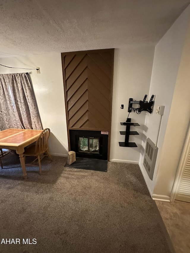 living area featuring a multi sided fireplace, carpet floors, heating unit, and a textured ceiling