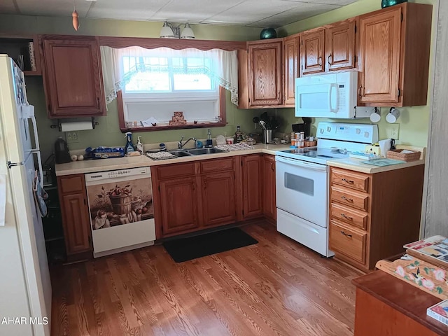 kitchen featuring dark hardwood / wood-style flooring, white appliances, and sink