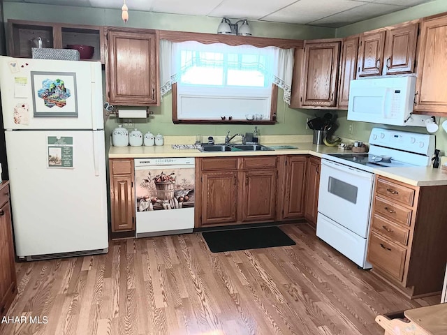 kitchen with a sink, white appliances, light wood-style flooring, and light countertops