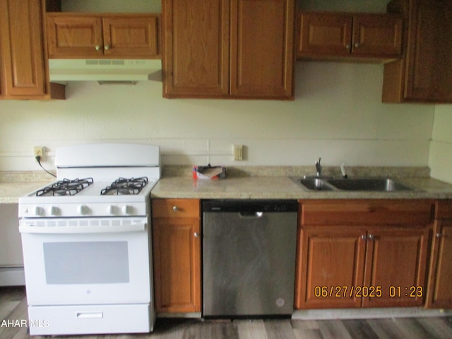 1008 21st Ave, Altoona, PA 16601 - kitchen featuring dishwasher, white range with gas cooktop, under cabinet range hood, brown cabinetry, and light countertops