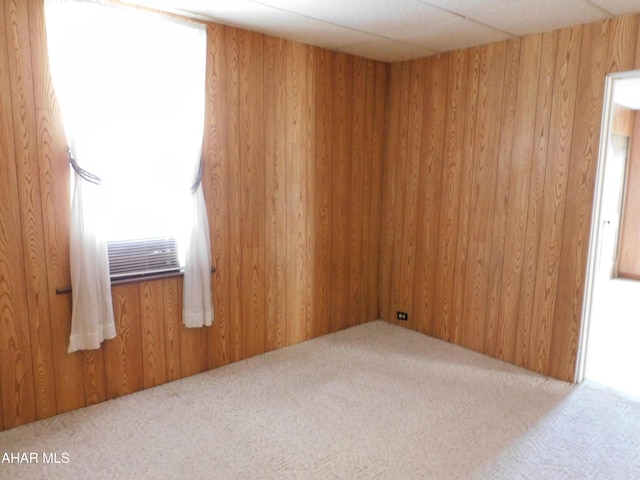 carpeted empty room with wood walls