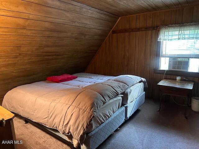 5168 Black Log Rd, Orbisonia, PA 17243 - carpeted bedroom featuring wooden ceiling, wooden walls, and vaulted ceiling