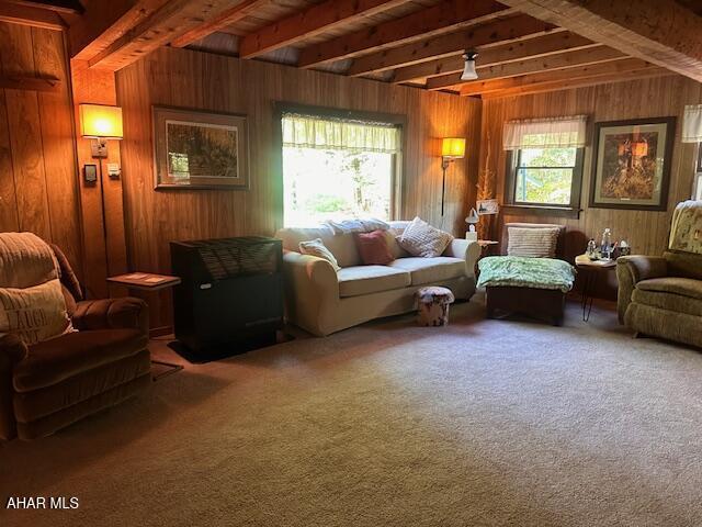5168 Black Log Rd, Orbisonia, PA 17243 - sitting room featuring beamed ceiling, wooden walls, and carpet floors