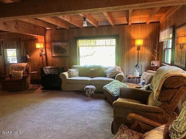 5168 Black Log Rd, Orbisonia, PA 17243 - living area with wood ceiling, beamed ceiling, wood walls, and carpet floors