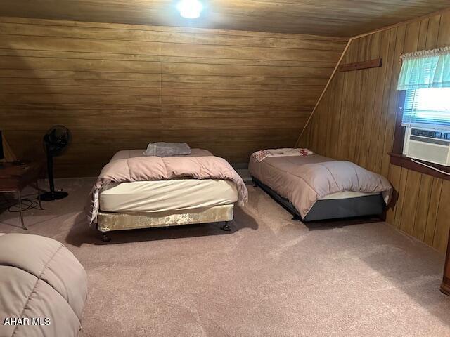 5168 Black Log Rd, Orbisonia, PA 17243 - carpeted bedroom with wooden walls, wood ceiling, and cooling unit