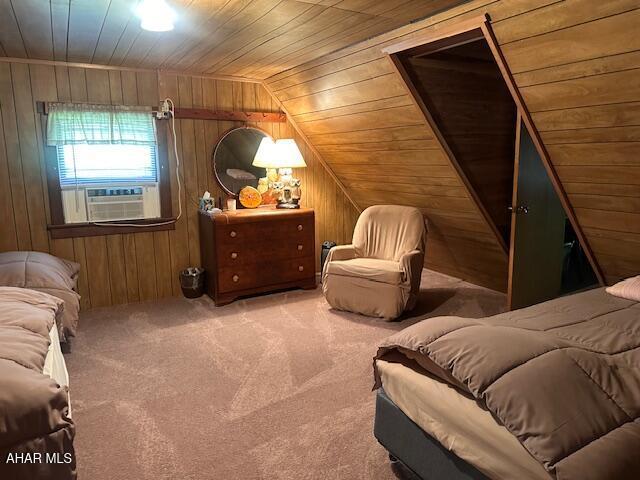 5168 Black Log Rd, Orbisonia, PA 17243 - bedroom featuring wood walls, wood ceiling, cooling unit, carpet, and lofted ceiling