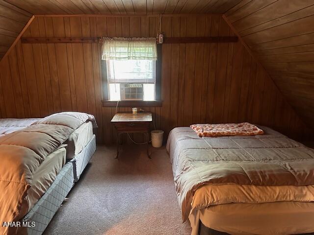 5168 Black Log Rd, Orbisonia, PA 17243 - carpeted bedroom featuring wooden ceiling, vaulted ceiling, and wooden walls