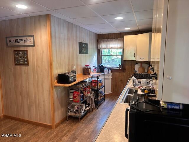5168 Black Log Rd, Orbisonia, PA 17243 - kitchen with wood finished floors, wood walls, white cabinetry, a sink, and a paneled ceiling