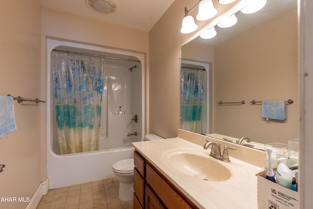 738 Chapel Dr, Altoona, PA 16602 - bathroom featuring toilet, shower / tub combo with curtain, vanity, and tile patterned floors