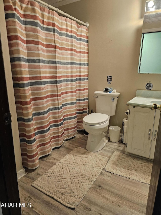 bathroom with vanity, hardwood / wood-style flooring, and toilet