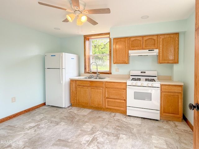346 Lower Snake Spring Rd, Everett, PA 15537 - kitchen featuring white appliances, under cabinet range hood, light countertops, and ceiling fan
