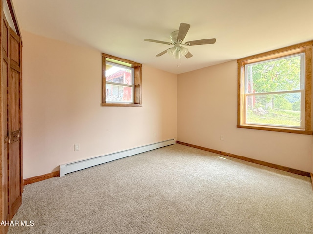 346 Lower Snake Spring Rd, Everett, PA 15537 - spare room featuring a baseboard radiator, carpet floors, ceiling fan, and plenty of natural light