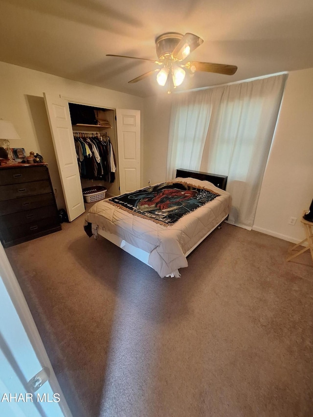 bedroom with carpet floors, a closet, and ceiling fan