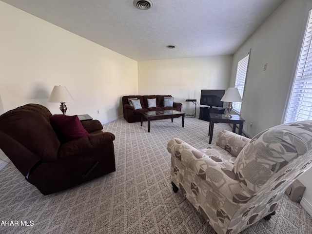 living room featuring a textured ceiling and carpet floors