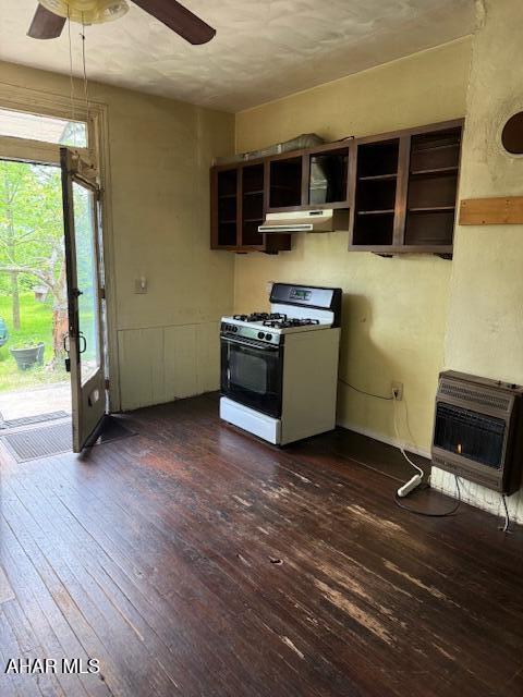3091 Colonial Dr, Duncansville, PA 16635 - kitchen featuring white gas range, heating unit, ceiling fan, dark wood finished floors, and open shelves