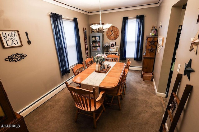 1809 5th St, Altoona, PA 16601 - carpeted dining room featuring a chandelier, a baseboard radiator, baseboards, and ornamental molding