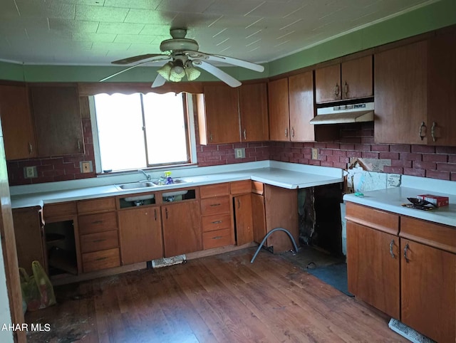 kitchen with wood-type flooring, tasteful backsplash, ceiling fan, and sink