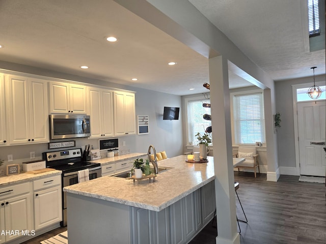 kitchen with white cabinets, dark hardwood / wood-style floors, sink, and stainless steel appliances