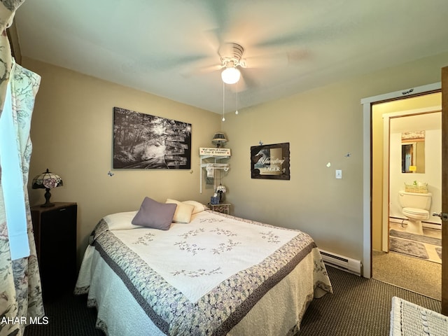 carpeted bedroom with ceiling fan, connected bathroom, and a baseboard heating unit