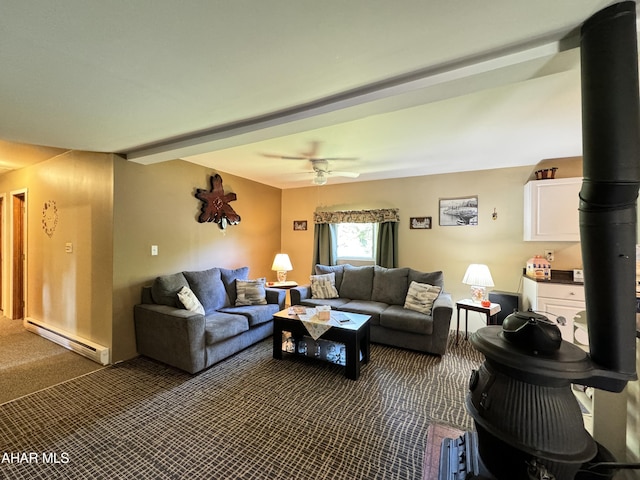 carpeted living room featuring ceiling fan and baseboard heating