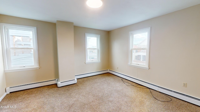 carpeted empty room with a baseboard radiator