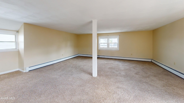 below grade area featuring carpet floors, a baseboard radiator, and baseboards