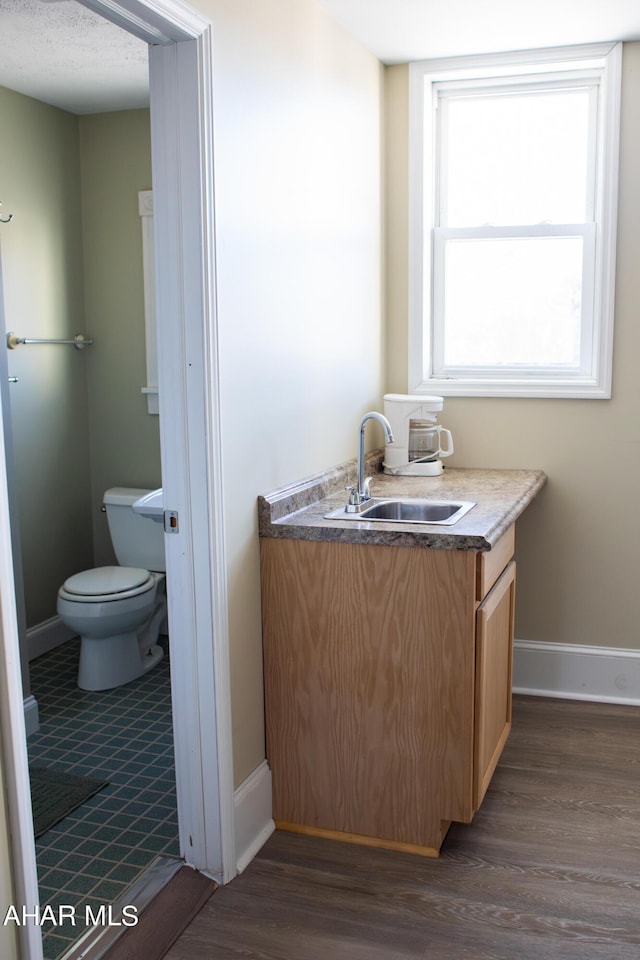 bathroom featuring toilet, vanity, and hardwood / wood-style flooring