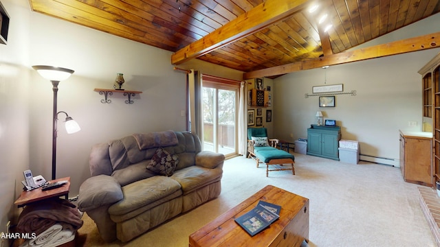 317 Tree Ln, Duncansville, PA 16635 - carpeted living room with vaulted ceiling with beams, wood ceiling, and a baseboard radiator