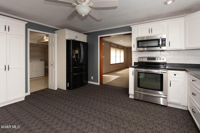 436 Kendrick Rd, Houtzdale, PA 16651 - kitchen featuring appliances with stainless steel finishes, washer / clothes dryer, dark carpet, ceiling fan, and ornamental molding