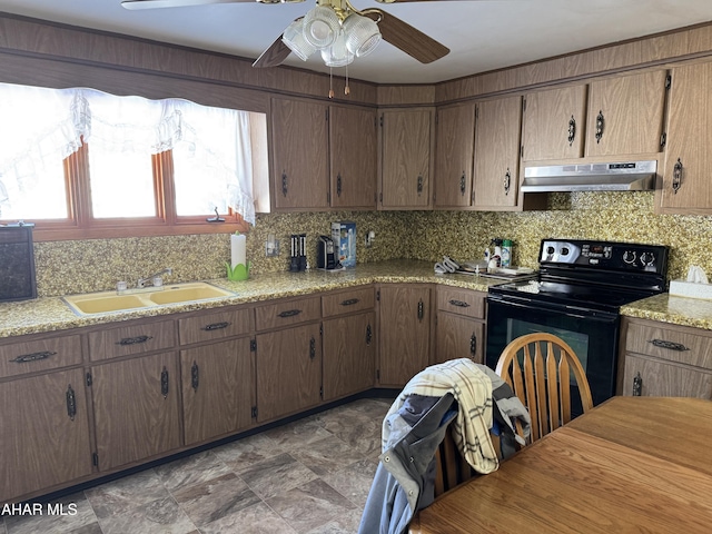 kitchen featuring sink, ceiling fan, tasteful backsplash, and black electric range oven