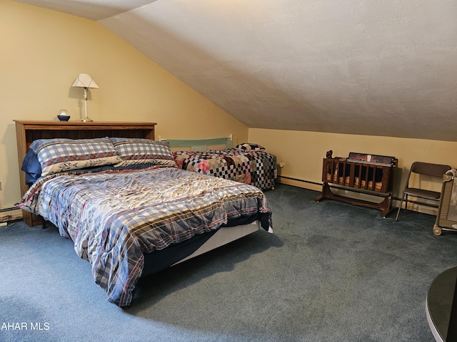 carpeted bedroom with lofted ceiling and a textured ceiling