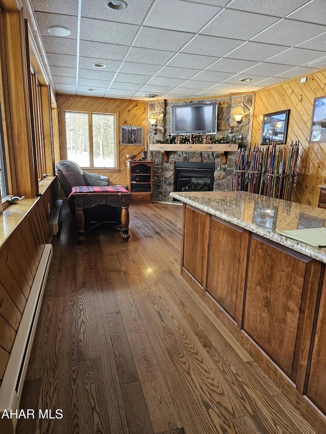 interior space featuring dark hardwood / wood-style flooring, a baseboard heating unit, a fireplace, and wooden walls