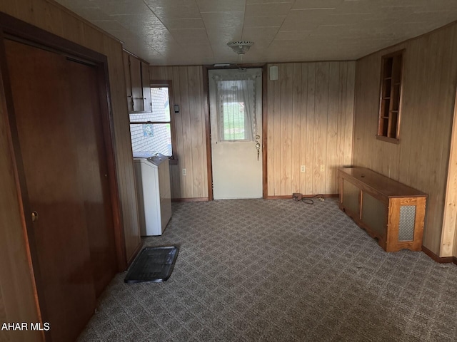 interior space featuring washing machine and dryer, wood walls, and carpet floors