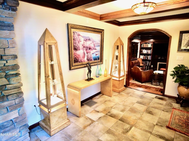 corridor with beamed ceiling and crown molding