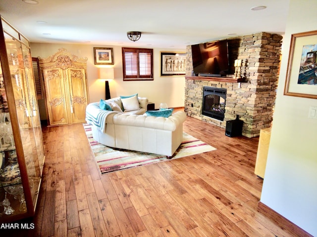 living room featuring a fireplace and light hardwood / wood-style flooring