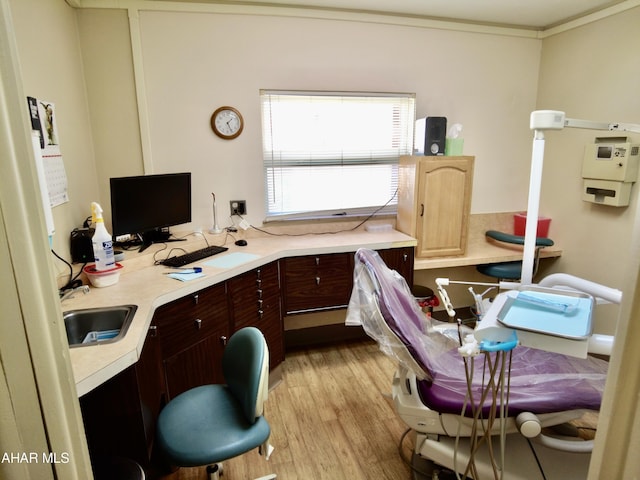 office space featuring light hardwood / wood-style floors, crown molding, and sink