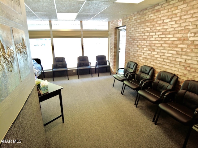 living room with a paneled ceiling, plenty of natural light, brick wall, and carpet