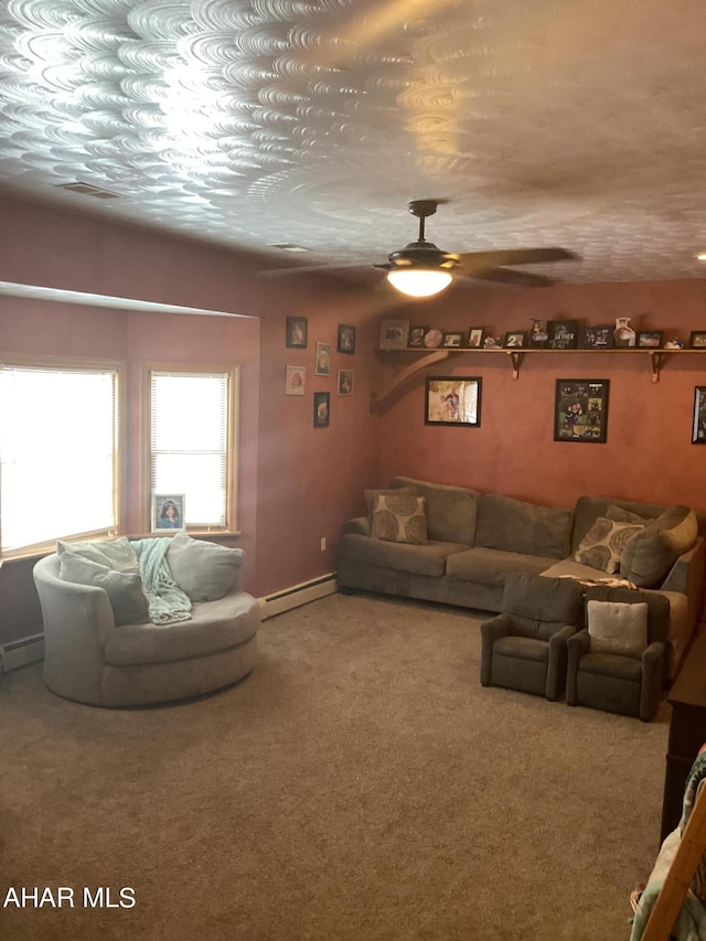 carpeted living room featuring a baseboard radiator