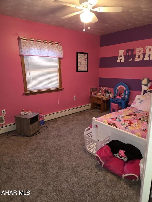 bedroom featuring carpet, baseboard heating, and ceiling fan