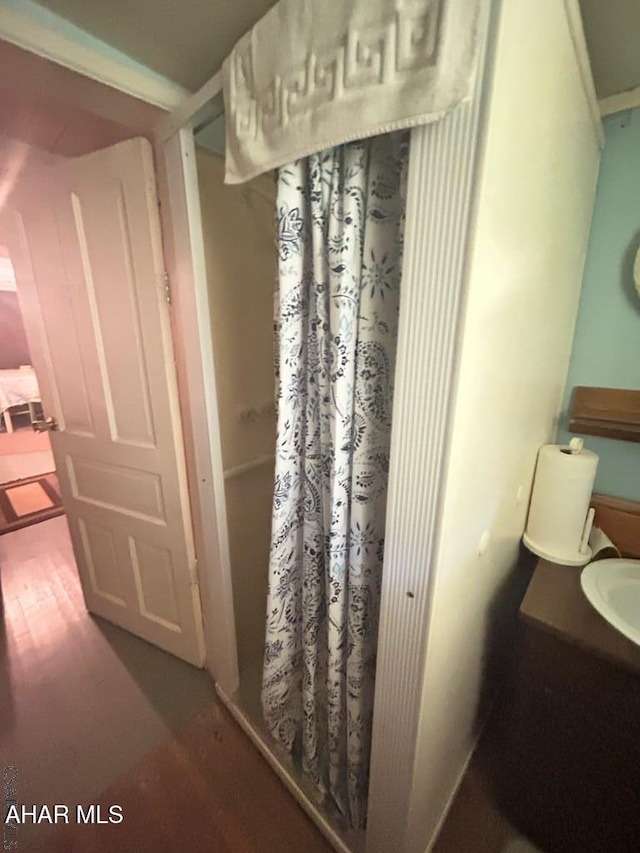 2634 Adams Run Rd, New Paris, PA 15554 - bathroom featuring wood finished floors, vanity, and a shower with curtain