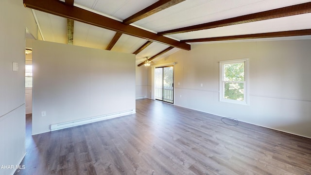 spare room with baseboard heating, vaulted ceiling with beams, ceiling fan, and wood-type flooring