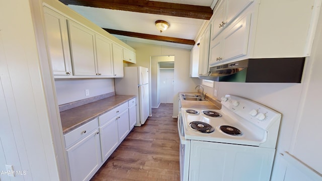 kitchen featuring white appliances, sink, lofted ceiling with beams, hardwood / wood-style flooring, and white cabinetry