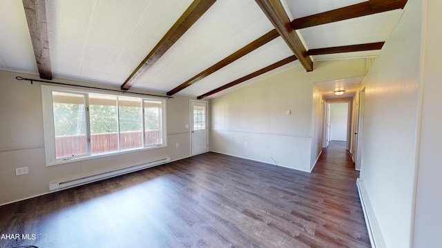 unfurnished room featuring hardwood / wood-style floors, lofted ceiling with beams, and a baseboard heating unit