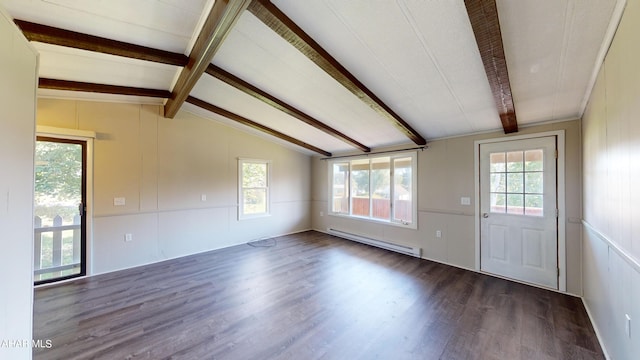 entryway with vaulted ceiling with beams, dark hardwood / wood-style flooring, and a baseboard heating unit