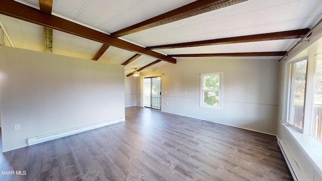 spare room featuring baseboard heating, vaulted ceiling with beams, ceiling fan, and hardwood / wood-style flooring