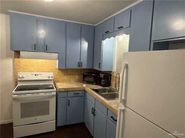 kitchen featuring tasteful backsplash, sink, and white appliances