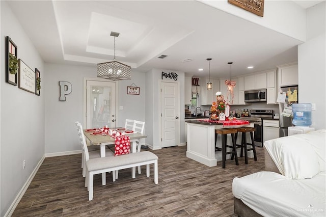 dining room with sink, a raised ceiling, and dark wood-type flooring