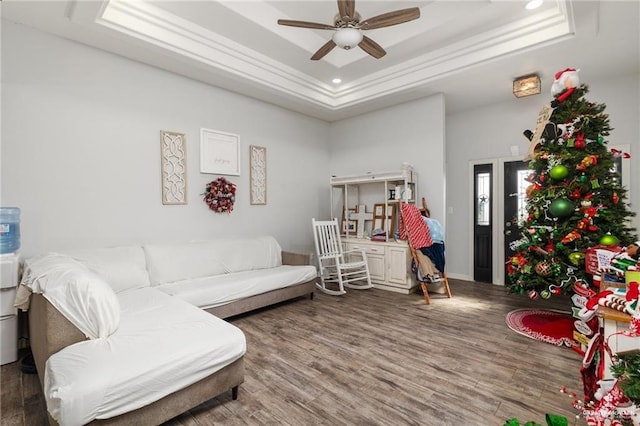 living room with hardwood / wood-style flooring, ceiling fan, and a tray ceiling